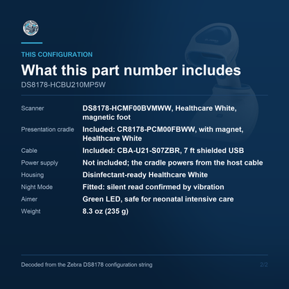 Zebra DS8178-HC Healthcare Cordless 1D/2D Barcode Scanner White USB Kit with Presentation Cradle DS8178-HCBU210MP5W Barcode Printer Shop