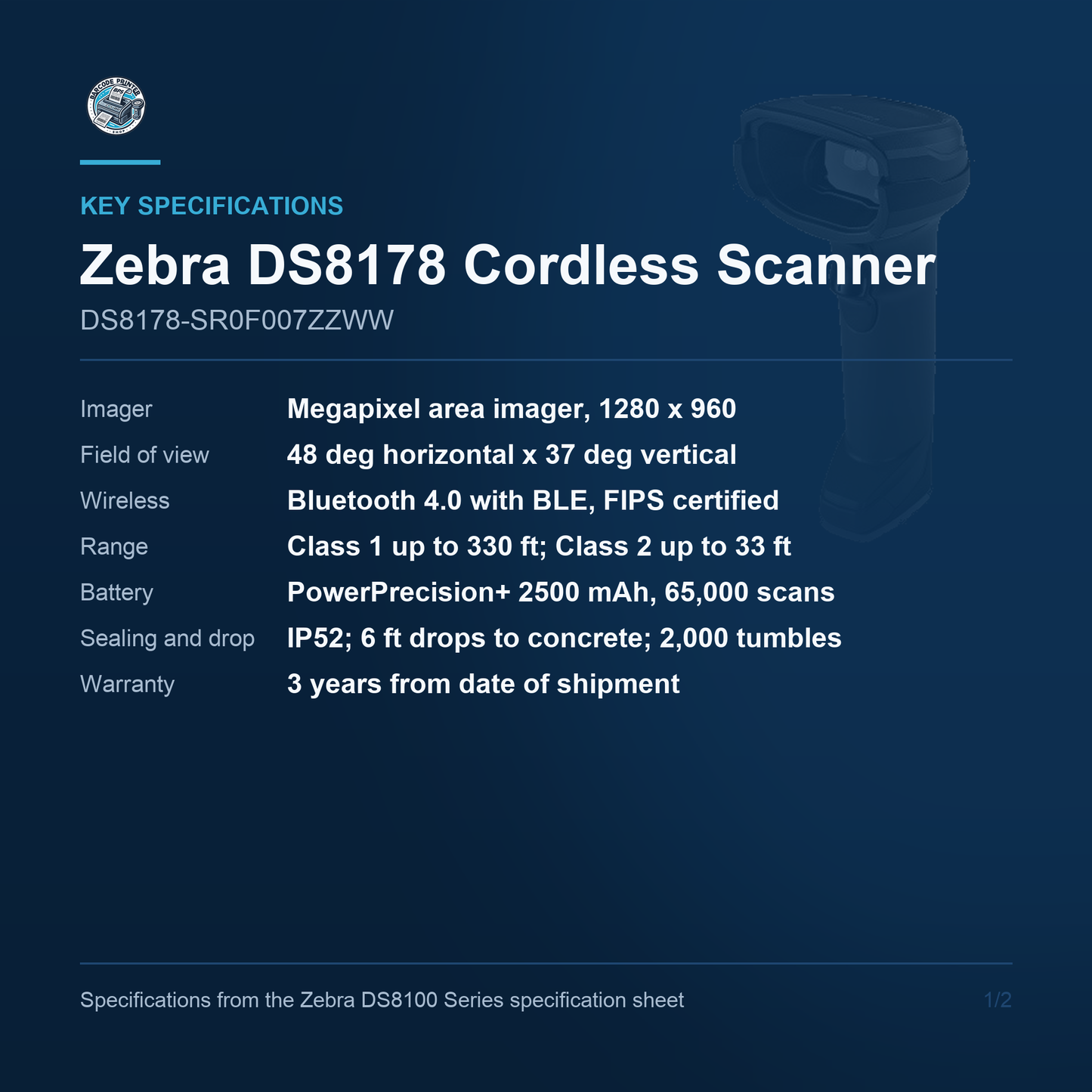 Zebra DS8178 Cordless 1D/2D Barcode Scanner Black Scanner Only DS8178-SR0F007ZZWW Barcode Printer Shop