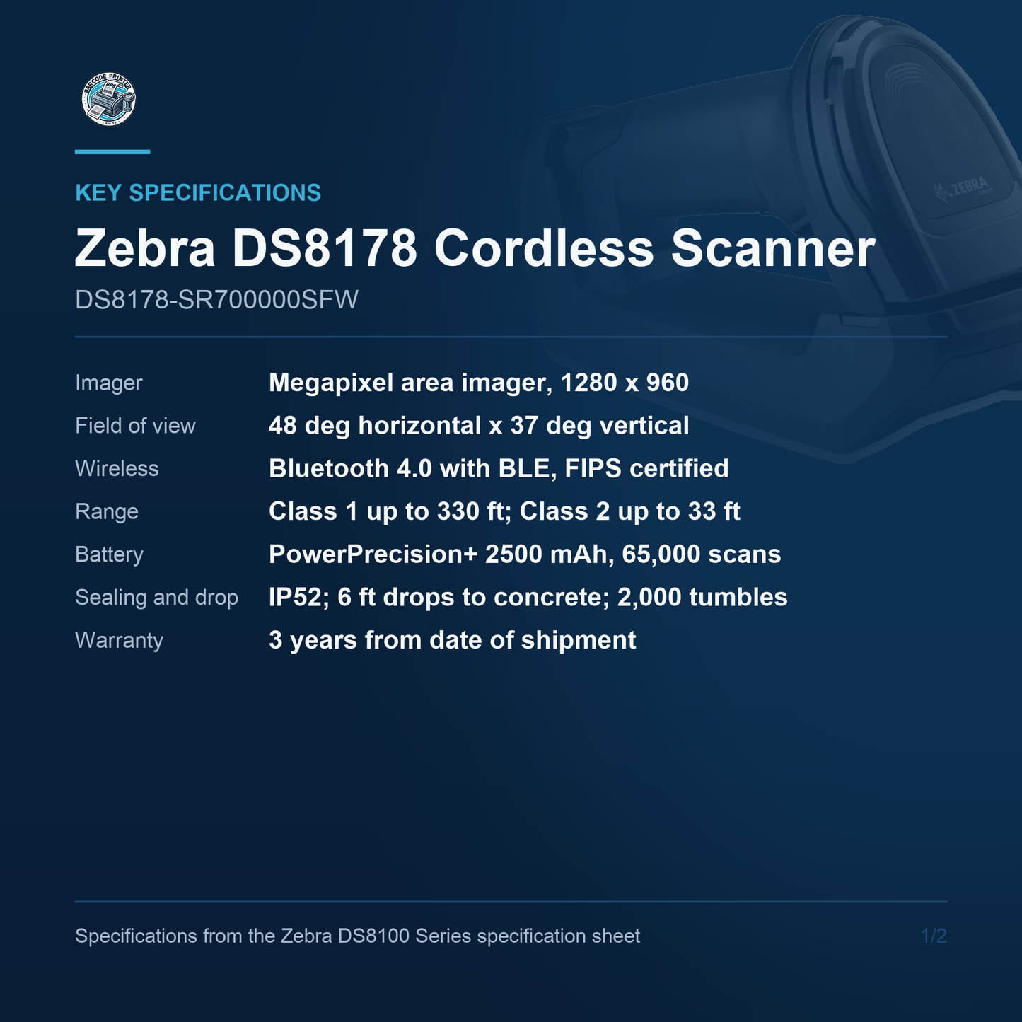 Zebra DS8178 Cordless 1D/2D Barcode Scanner Kit with Standard FIPS Cradle Cable Not Included DS8178-SR700000SFW Barcode Printer Shop
