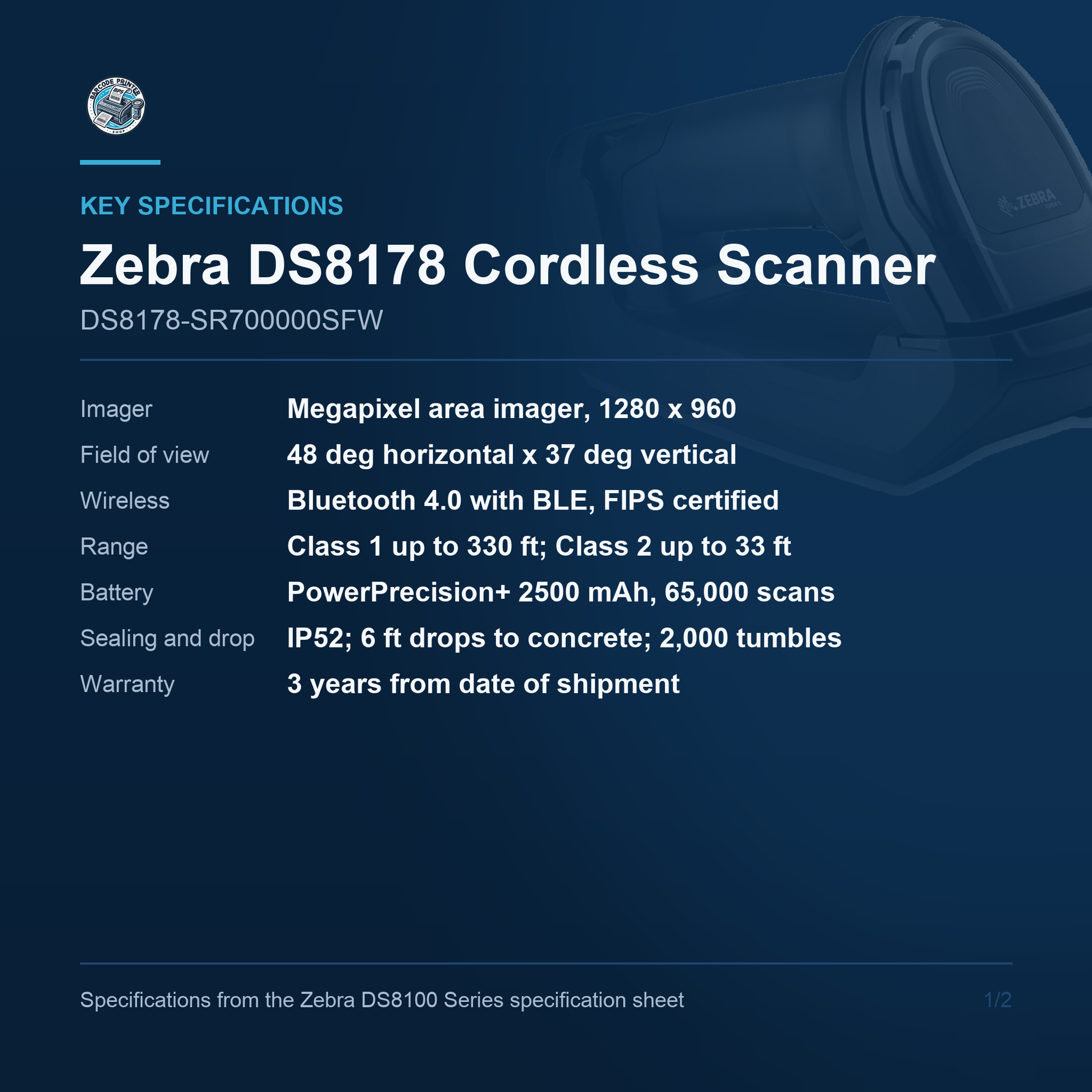 Zebra DS8178 Cordless 1D/2D Barcode Scanner Kit with Standard FIPS Cradle Cable Not Included DS8178-SR700000SFW Barcode Printer Shop