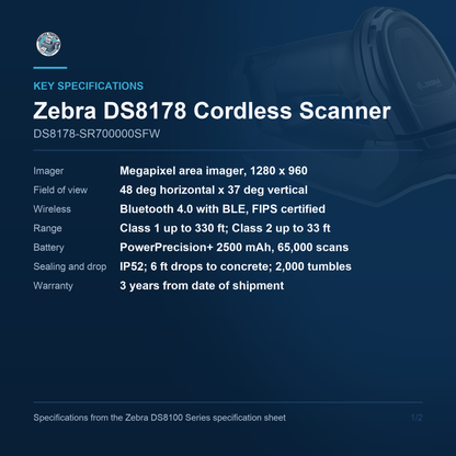 Zebra DS8178 Cordless 1D/2D Barcode Scanner Kit with Standard FIPS Cradle Cable Not Included DS8178-SR700000SFW Barcode Printer Shop