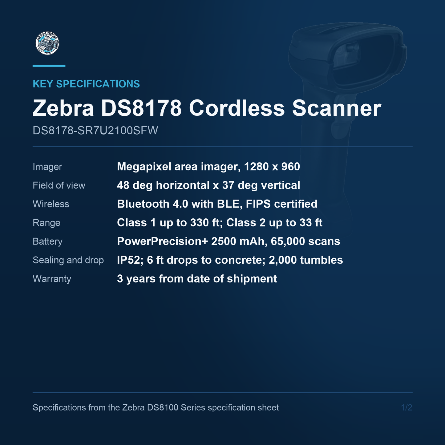 Zebra DS8178 Cordless 1D/2D Barcode Scanner Kit with Standard FIPS Cradle and USB Cable DS8178-SR7U2100SFW Barcode Printer Shop