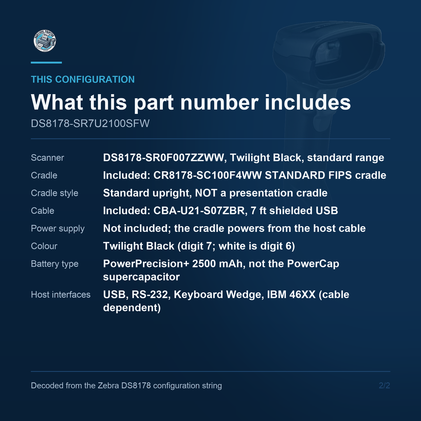 Zebra DS8178 Cordless 1D/2D Barcode Scanner Kit with Standard FIPS Cradle and USB Cable DS8178-SR7U2100SFW Barcode Printer Shop