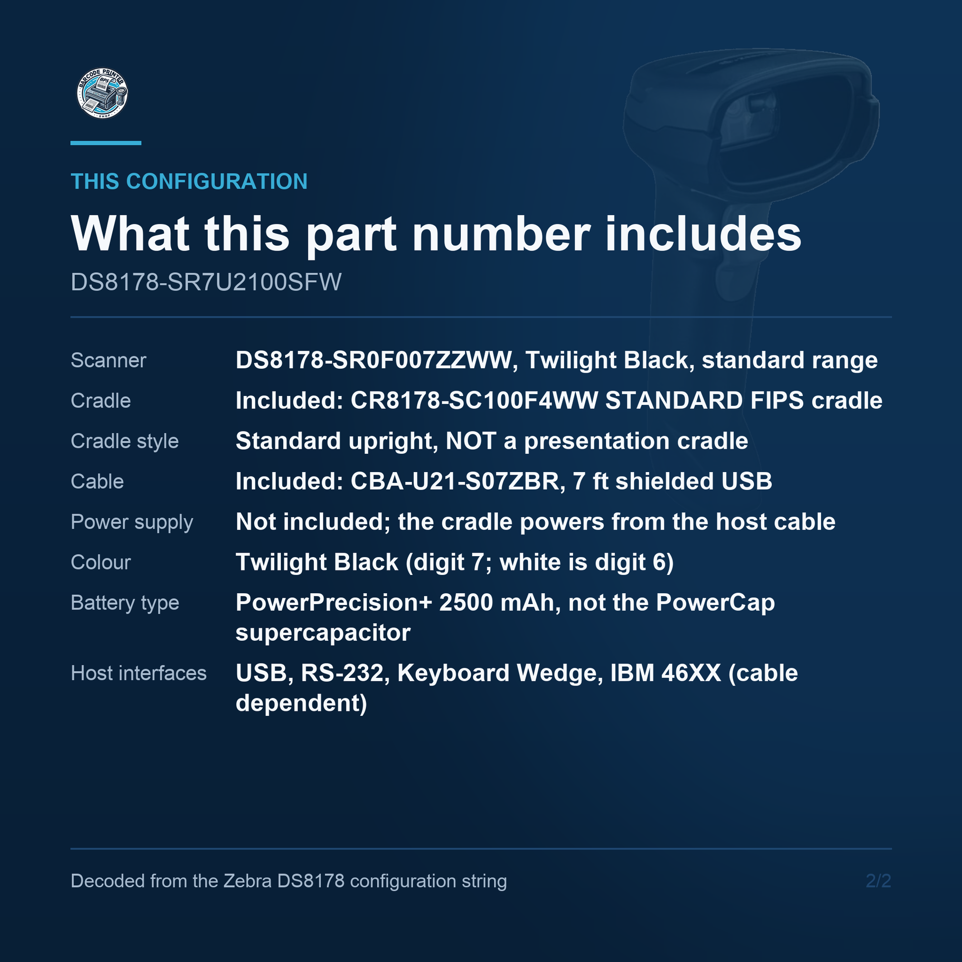Zebra DS8178 Cordless 1D/2D Barcode Scanner Kit with Standard FIPS Cradle and USB Cable DS8178-SR7U2100SFW Barcode Printer Shop