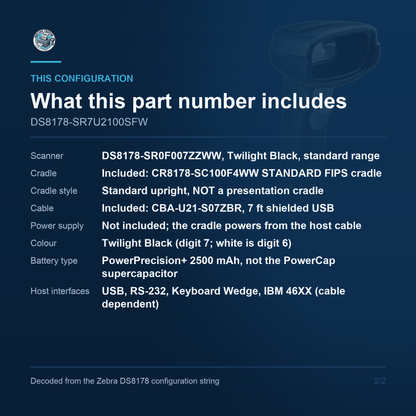 Zebra DS8178 Cordless 1D/2D Barcode Scanner Kit with Standard FIPS Cradle and USB Cable DS8178-SR7U2100SFW Barcode Printer Shop