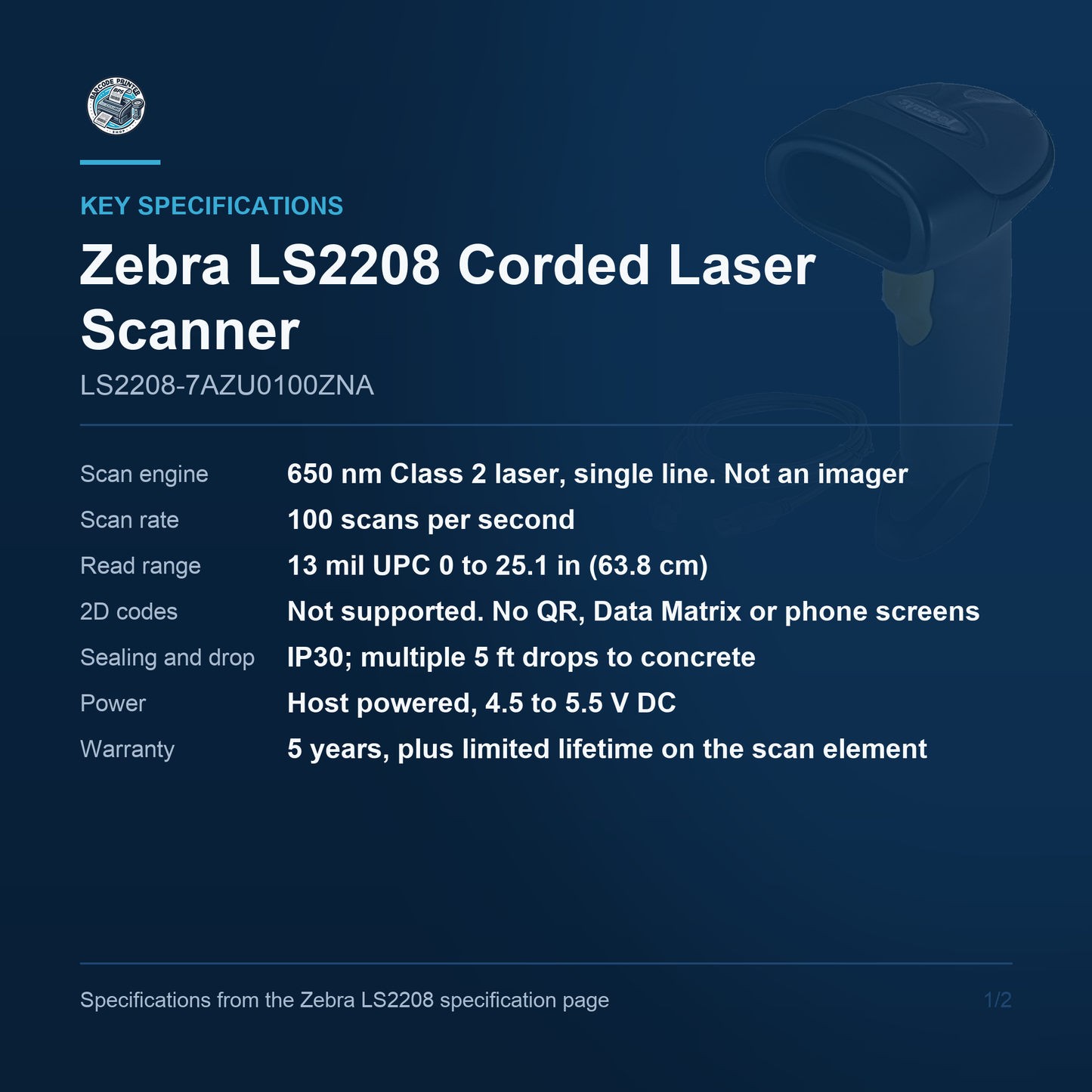 Zebra LS2208 Corded 1D Laser Barcode Scanner Twilight Black USB Kit with Cable No Stand LS2208-7AZU0100ZNA Barcode Printer Shop