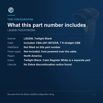 Zebra LS2208 Corded 1D Laser Barcode Scanner Twilight Black USB Kit with Cable No Stand LS2208-7AZU0100ZNA Barcode Printer Shop