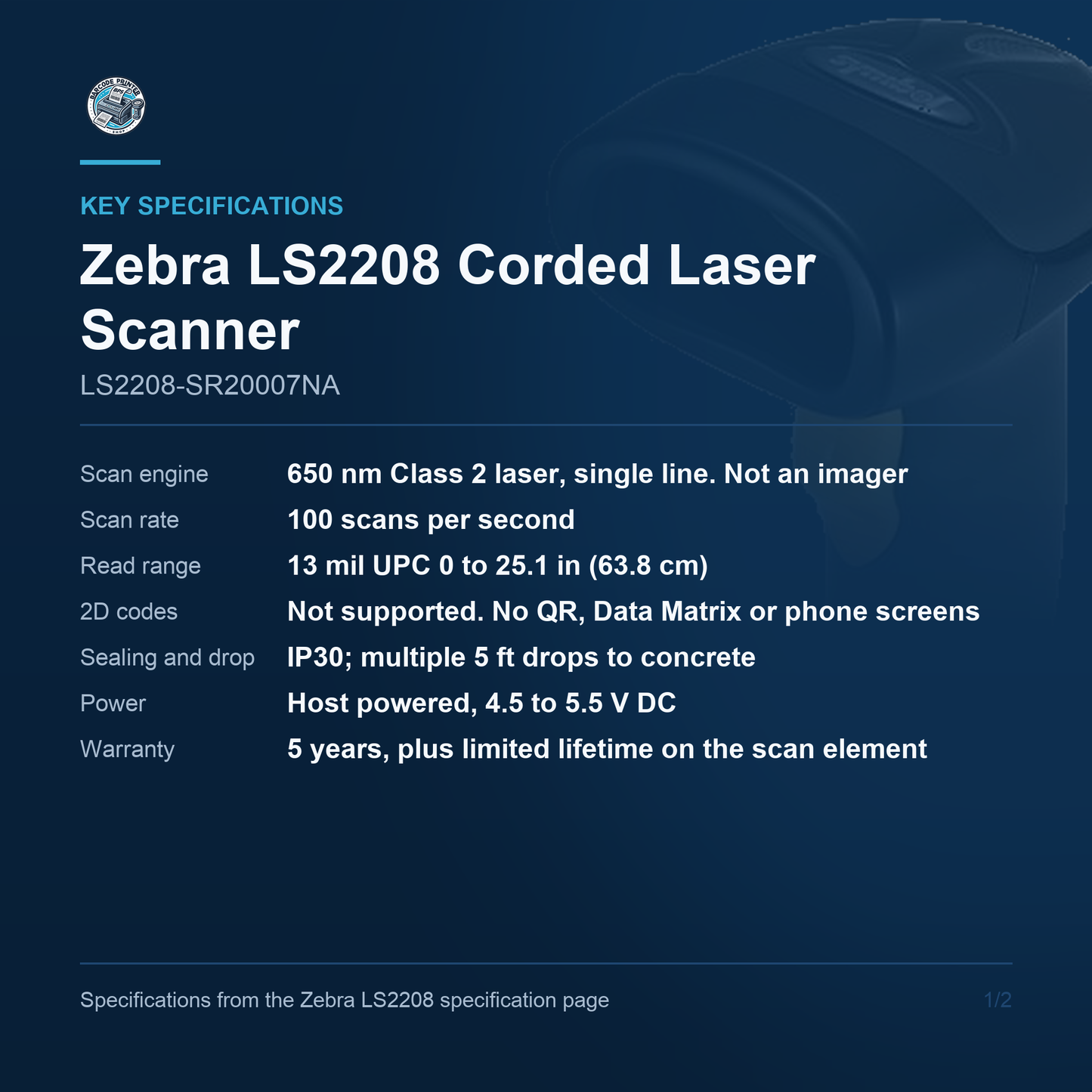 Zebra LS2208 Corded 1D Laser Barcode Scanner Twilight Black Scanner Only No Cable No Stand LS2208-SR20007NA Barcode Printer Shop