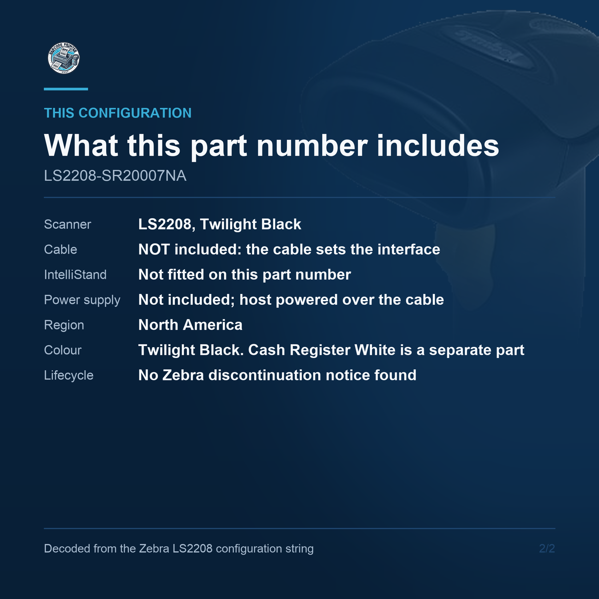 Zebra LS2208 Corded 1D Laser Barcode Scanner Twilight Black Scanner Only No Cable No Stand LS2208-SR20007NA Barcode Printer Shop