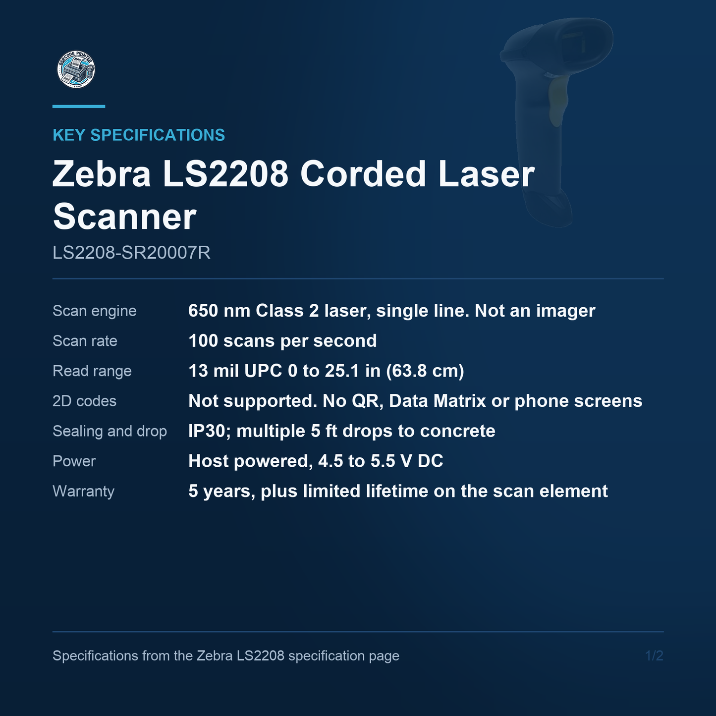Zebra LS2208 Corded 1D Laser Barcode Scanner Twilight Black Scanner Only No Cable No Stand LS2208-SR20007R Barcode Printer Shop