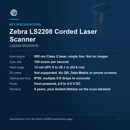 Zebra LS2208 Corded 1D Laser Barcode Scanner Twilight Black Scanner Only No Cable No Stand LS2208-SR20007R Barcode Printer Shop
