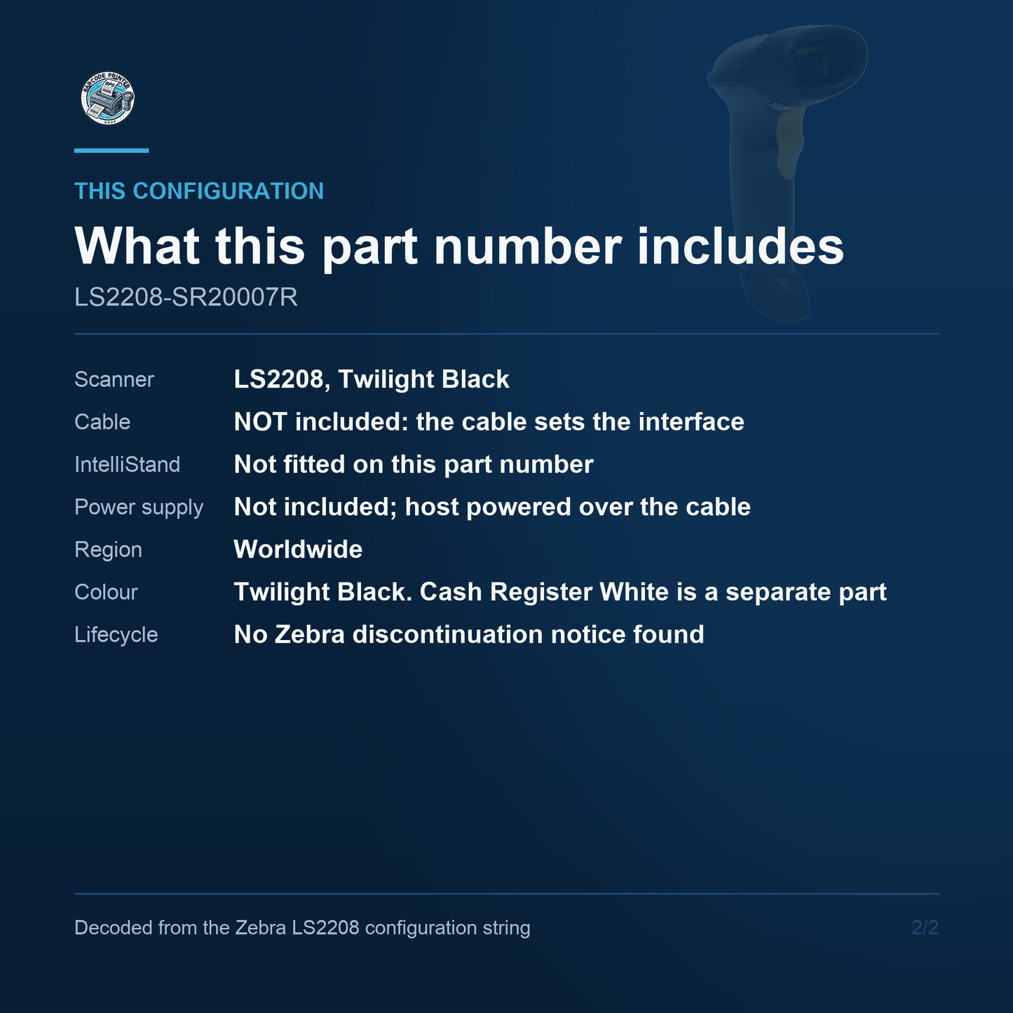 Zebra LS2208 Corded 1D Laser Barcode Scanner Twilight Black Scanner Only No Cable No Stand LS2208-SR20007R Barcode Printer Shop