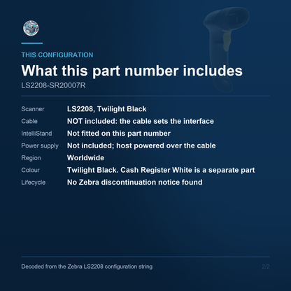 Zebra LS2208 Corded 1D Laser Barcode Scanner Twilight Black Scanner Only No Cable No Stand LS2208-SR20007R Barcode Printer Shop