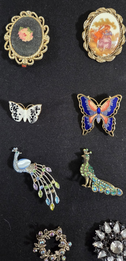 Lot of 19 ~ Vintage Broochs ~ Butterfly Peacock Cameo Rhinestone Enamel Pins POS Nerds