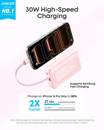 Anker Zolo Power Bank (10K, 30W) with a 5.4-inch (13.7 cm) built-in USB-C cable. Anker