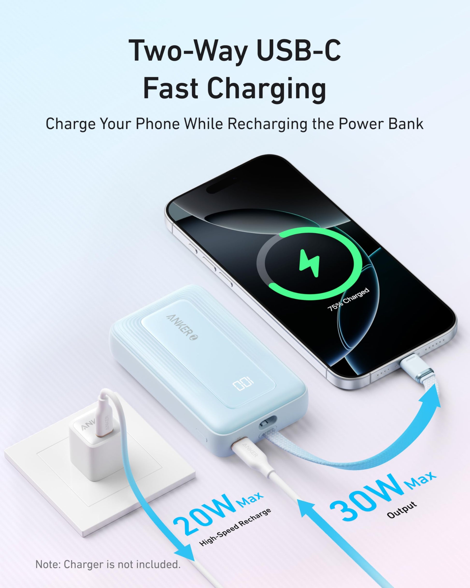 Anker Zolo Power Bank (10K, 30W) with a 5.4-inch (13.7 cm) built-in USB-C cable. Anker