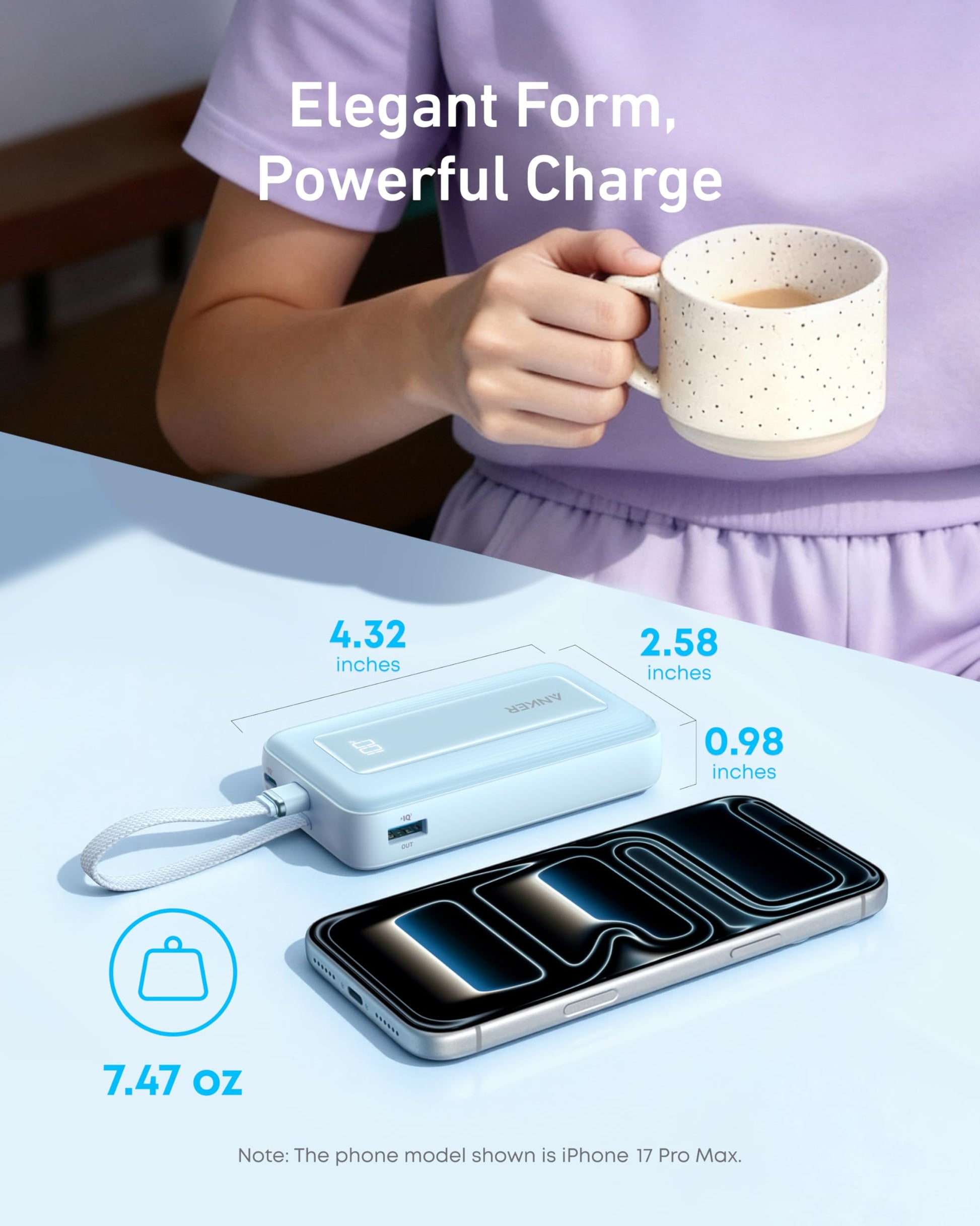 Anker Zolo Power Bank (10K, 30W) with a 5.4-inch (13.7 cm) built-in USB-C cable. Anker