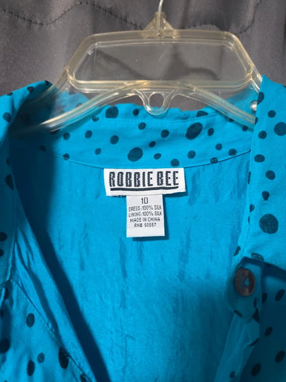 Vintage Robbie Bee 100% Silk Blue & Black Polka Dot Midi Shirt Dress- Size 10 POS Nerds