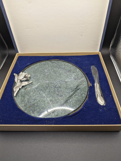 Vintage Seagull Pewter Green Marble Cheese Board & Spreader Set - Tulip Design POS Nerds