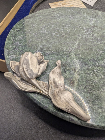 Vintage Seagull Pewter Green Marble Cheese Board & Spreader Set - Tulip Design POS Nerds