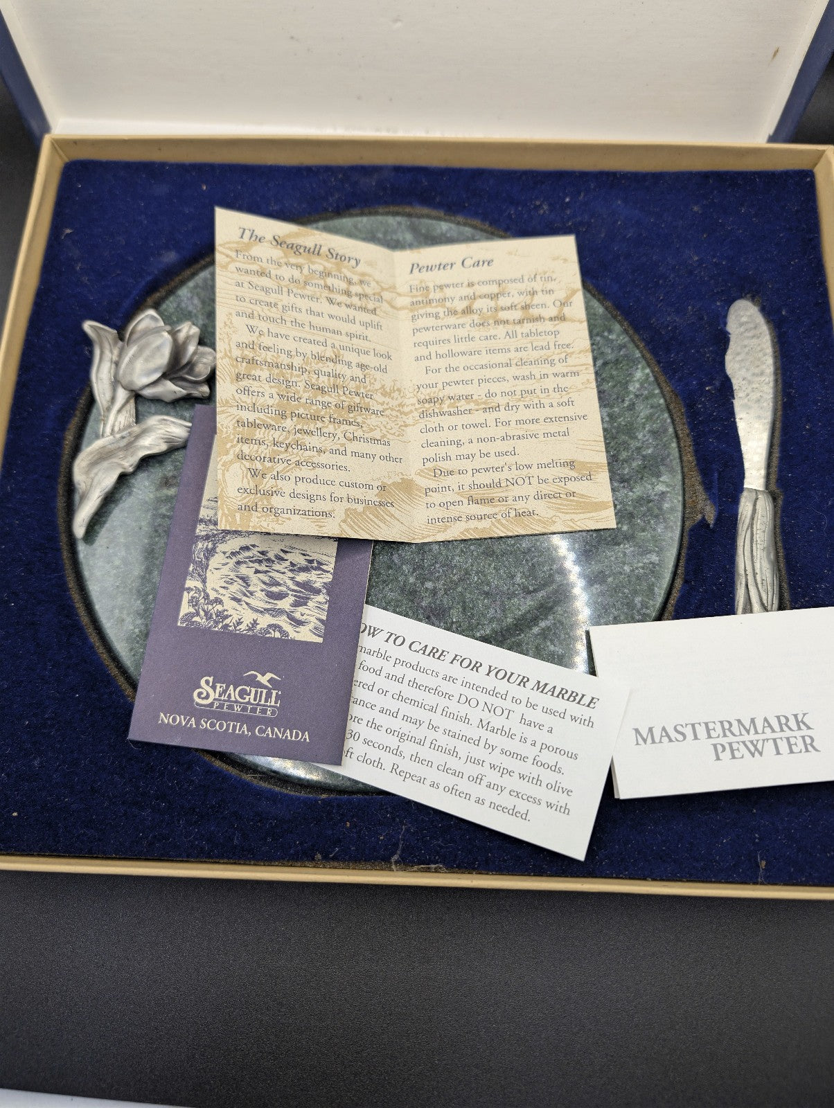 Vintage Seagull Pewter Green Marble Cheese Board & Spreader Set - Tulip Design POS Nerds