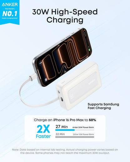 Anker Zolo Power Bank (10K, 30W) with a 5.4-inch (13.7 cm) built-in USB-C cable. Anker