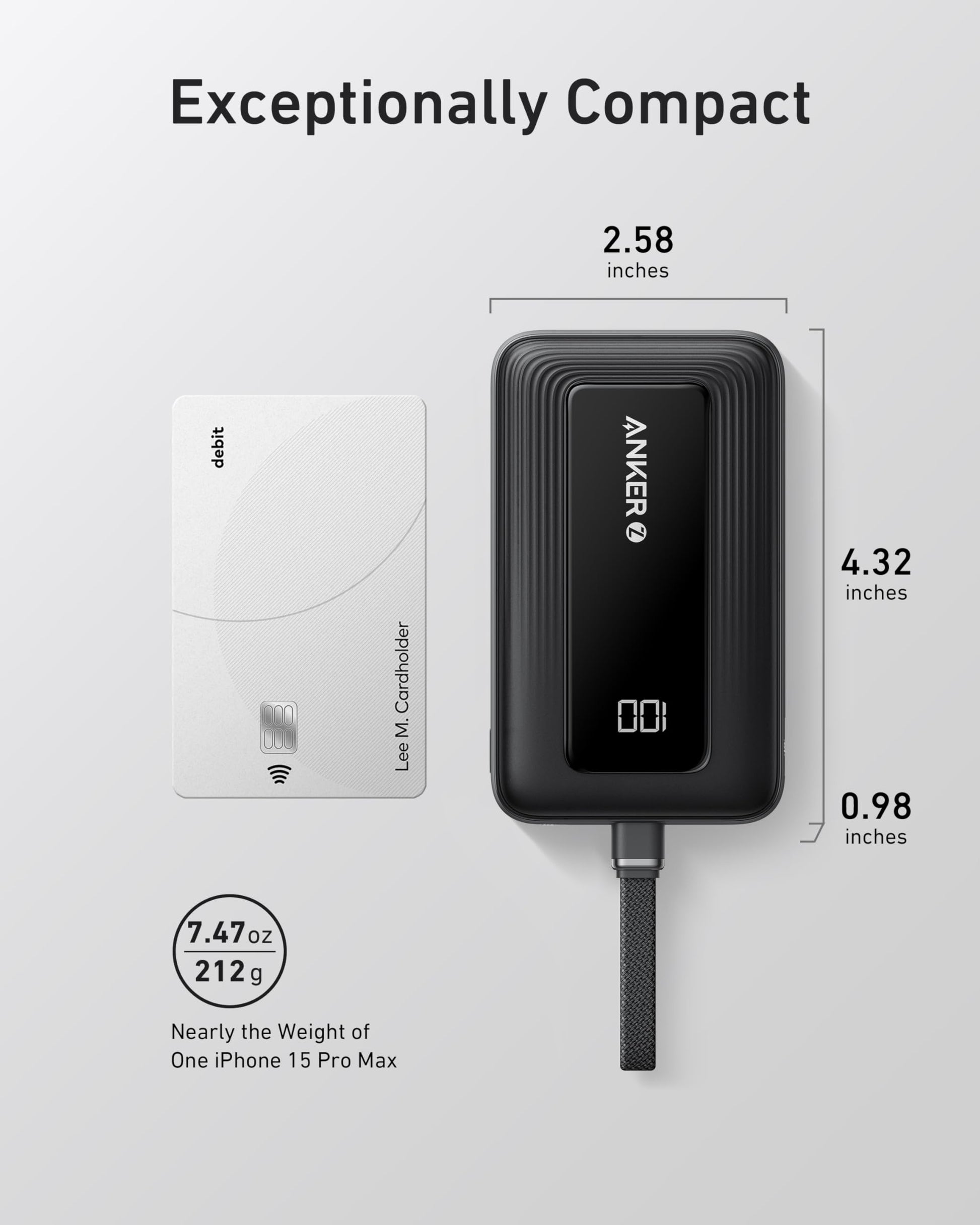 Anker Zolo Power Bank (10K, 30W) with a 5.4-inch (13.7 cm) built-in USB-C cable. Anker