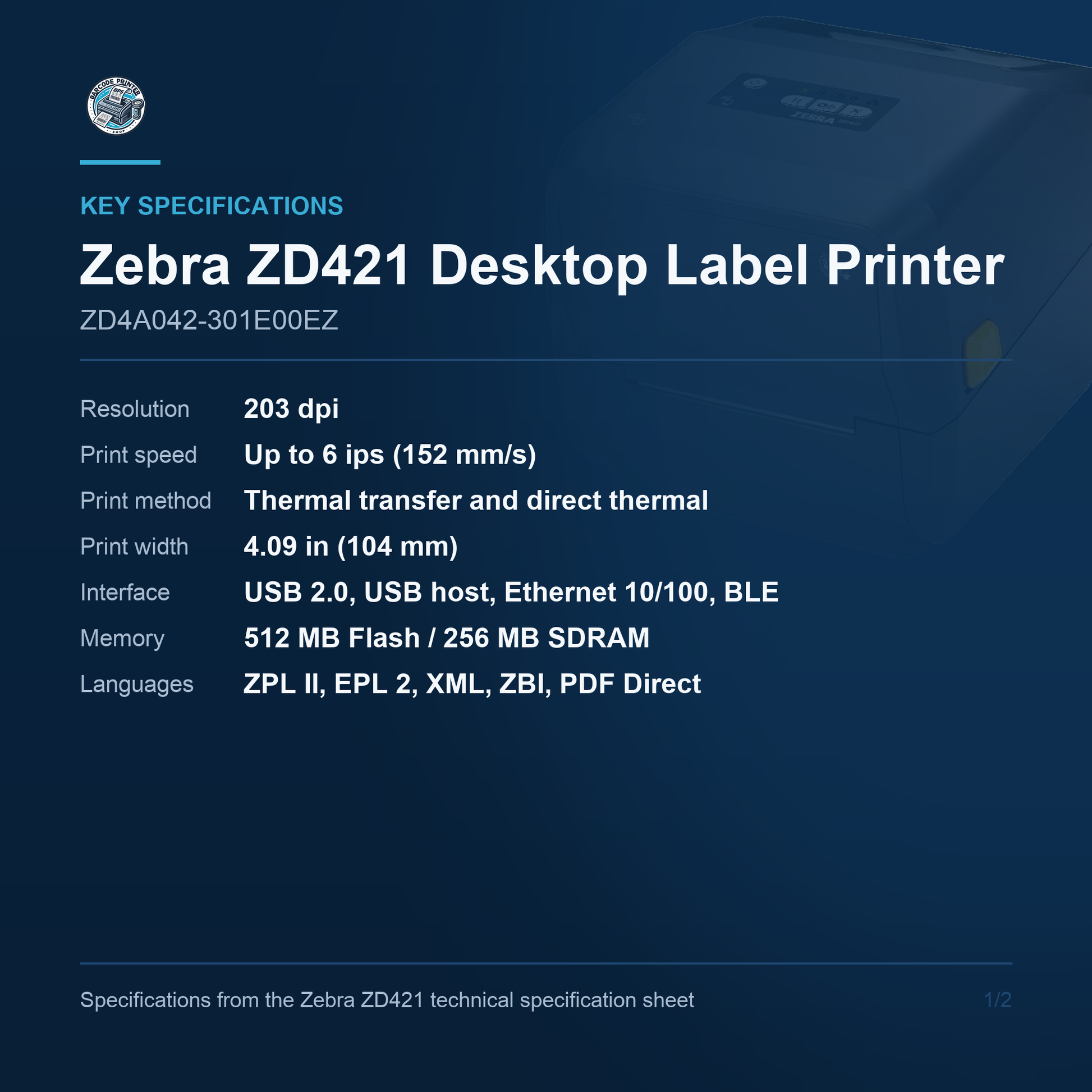 Zebra ZD421 Desktop Thermal Transfer Label Printer 203 DPI USB Ethernet ZD4A042-301E00EZ Barcode Printer Shop