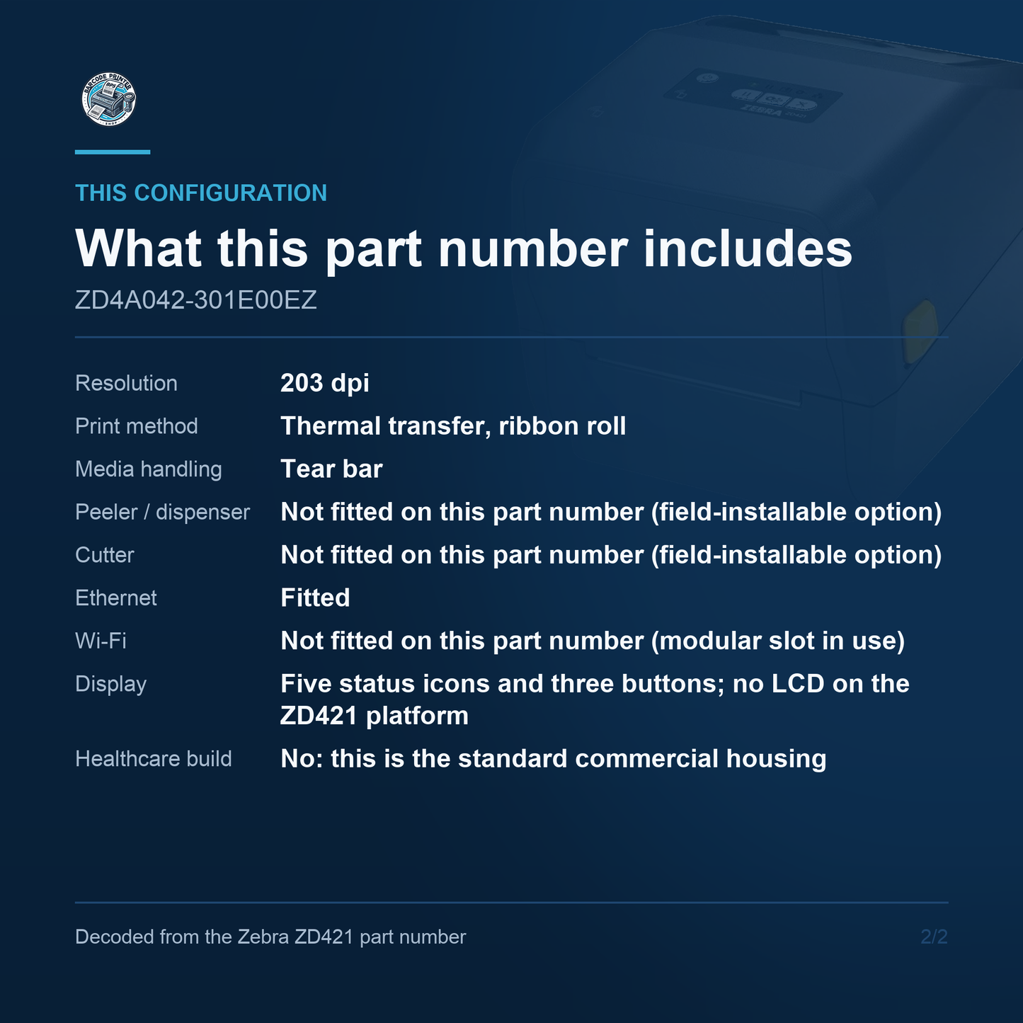 Zebra ZD421 Desktop Thermal Transfer Label Printer 203 DPI USB Ethernet ZD4A042-301E00EZ Barcode Printer Shop