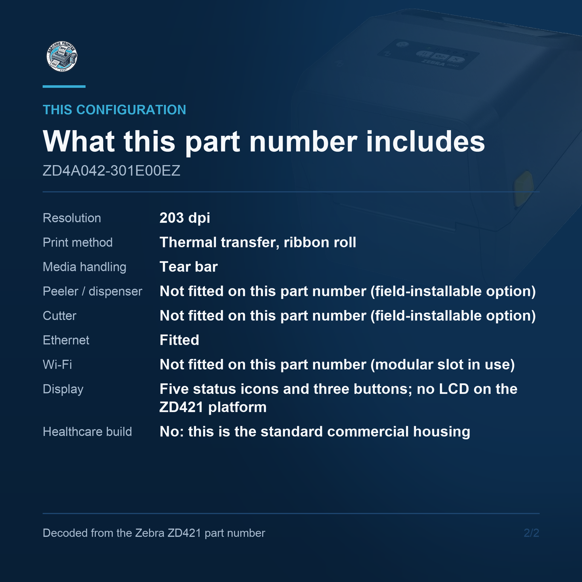 Zebra ZD421 Desktop Thermal Transfer Label Printer 203 DPI USB Ethernet ZD4A042-301E00EZ Barcode Printer Shop