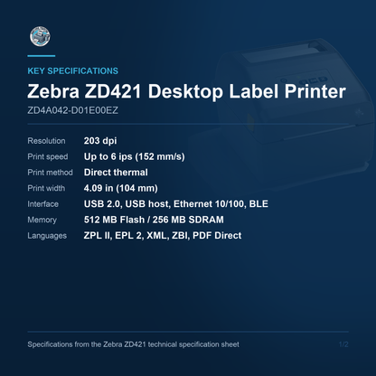 Zebra ZD421 Desktop Direct Thermal Label Printer 203 DPI USB Ethernet ZD4A042-D01E00EZ Barcode Printer Shop