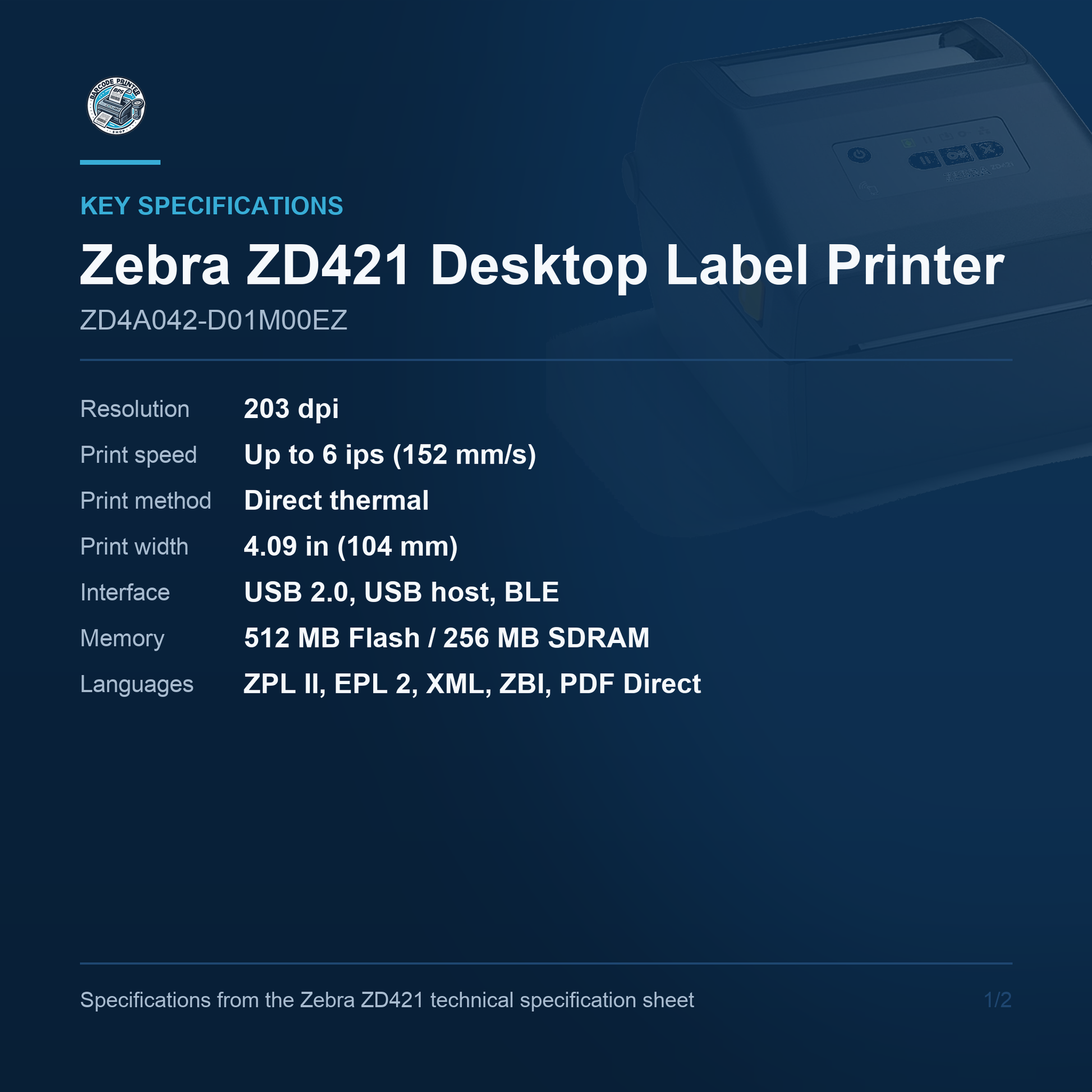 Zebra ZD421 Desktop Direct Thermal Label Printer 203 DPI USB ZD4A042-D01M00EZ Barcode Printer Shop