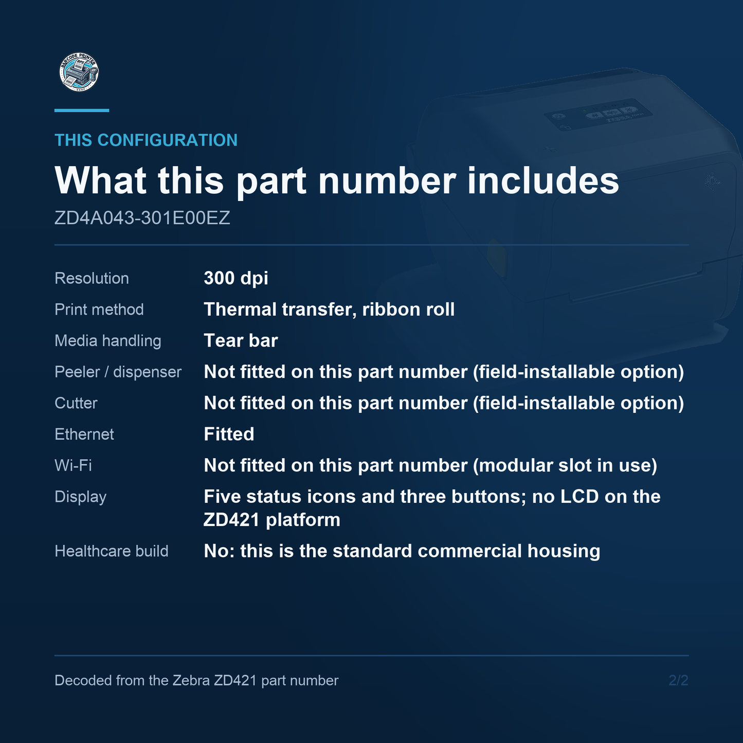 Zebra ZD421 Desktop Thermal Transfer Label Printer 300 DPI USB Ethernet ZD4A043-301E00EZ Barcode Printer Shop