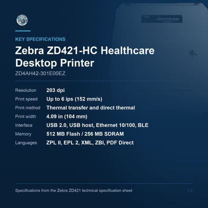 Zebra ZD421-HC Healthcare Desktop Thermal Transfer Label Printer 203 DPI USB Ethernet ZD4AH42-301E00EZ Barcode Printer Shop