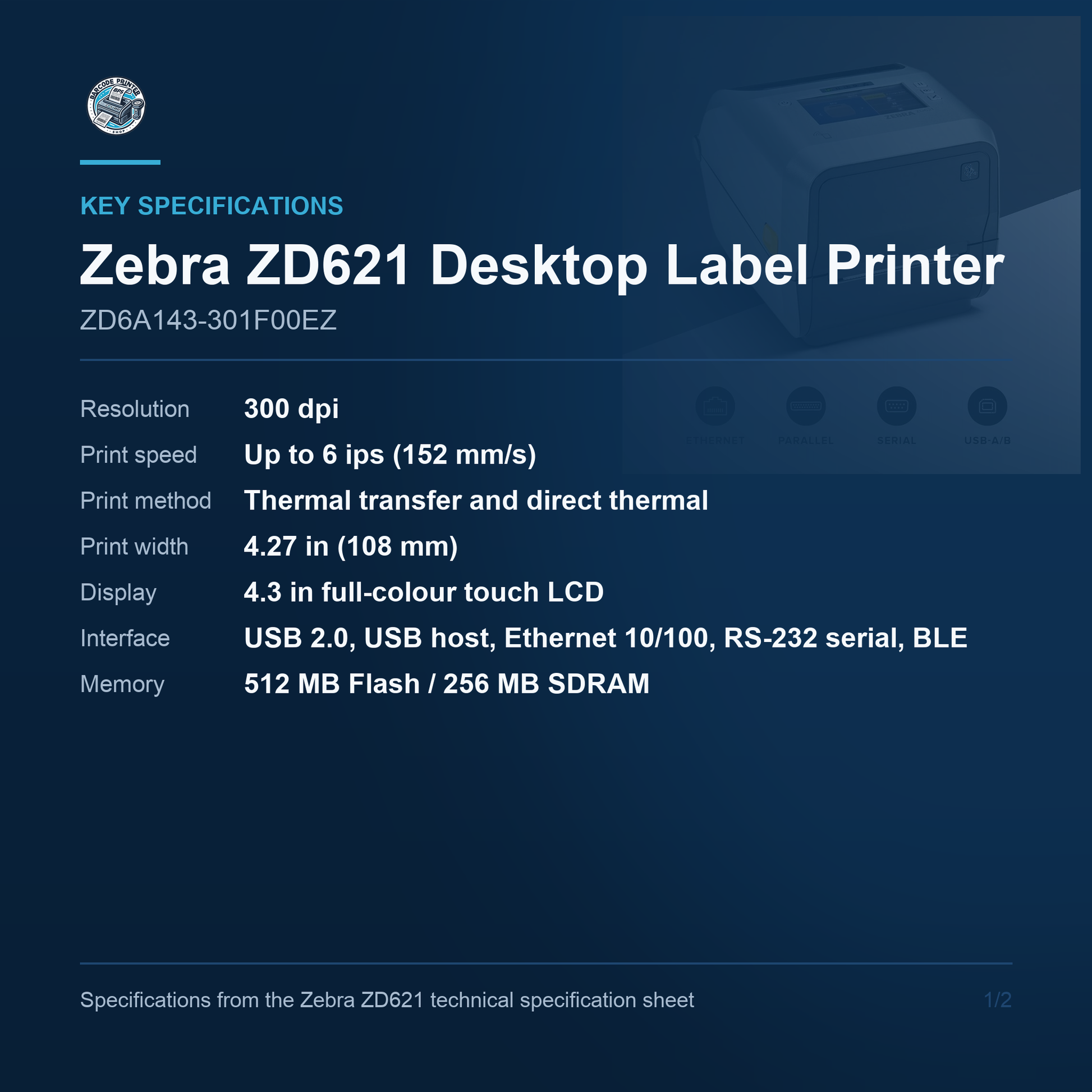 Zebra ZD621 Desktop Thermal Transfer Label Printer 300 DPI Colour Touch Display ZD6A143-301F00EZ Barcode Printer Shop