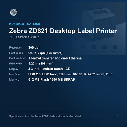 Zebra ZD621 Desktop Thermal Transfer Label Printer 300 DPI Colour Touch Display ZD6A143-301F00EZ Barcode Printer Shop
