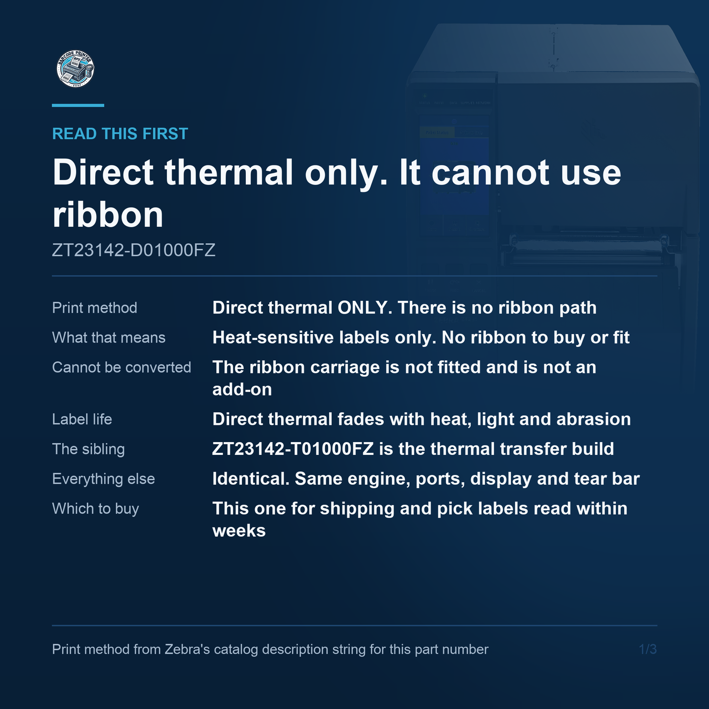 Zebra ZT231 4-Inch Industrial Label Printer 203 dpi Direct Thermal Tear-Off USB Ethernet Serial ZT23142-D01000FZ Barcode Printer Shop