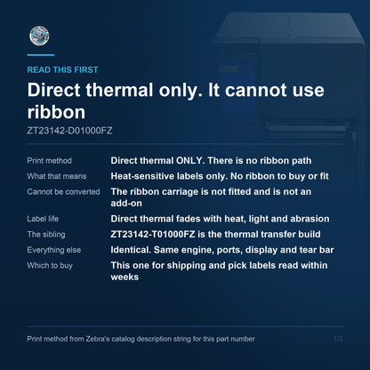 Zebra ZT231 4-Inch Industrial Label Printer 203 dpi Direct Thermal Tear-Off USB Ethernet Serial ZT23142-D01000FZ Barcode Printer Shop