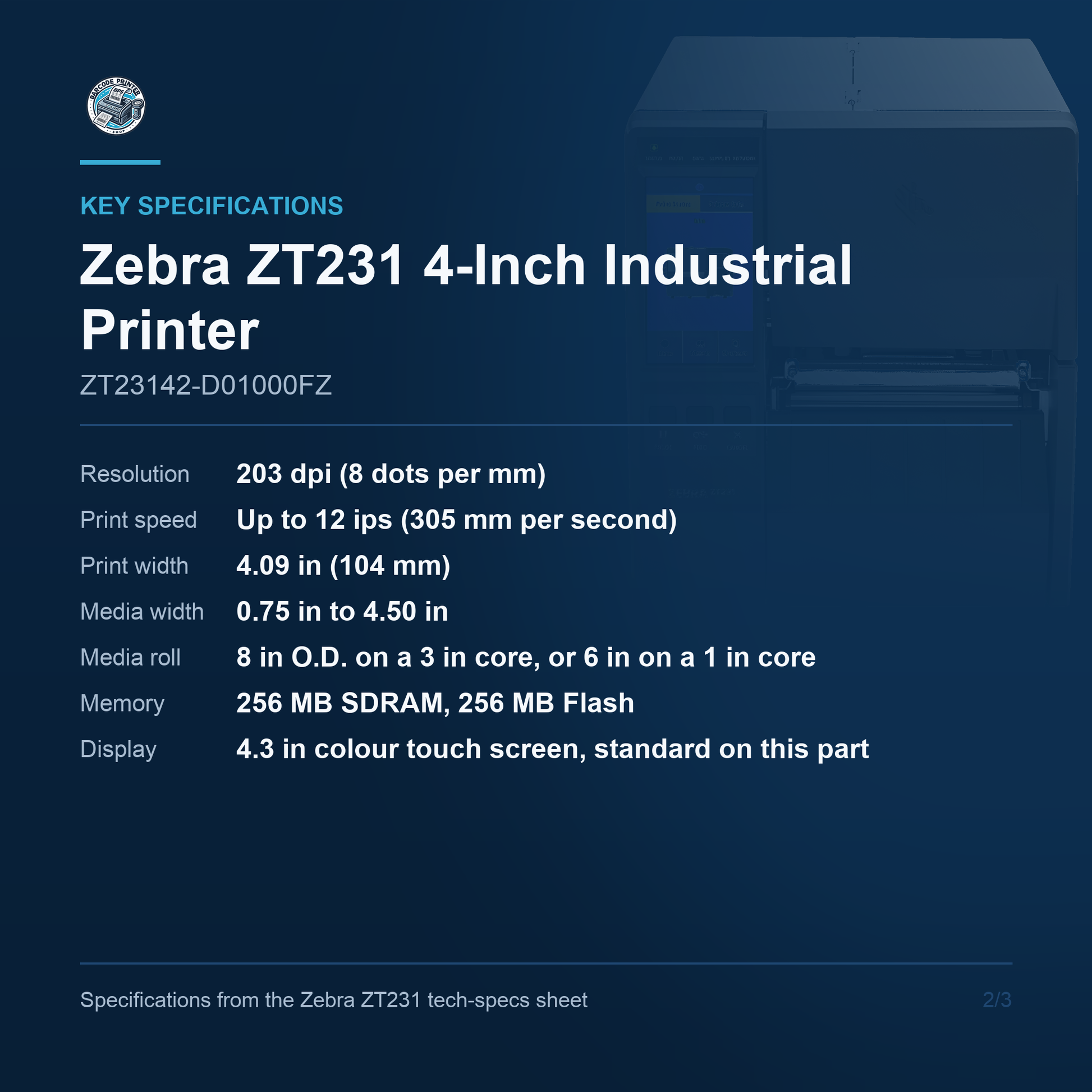 Zebra ZT231 4-Inch Industrial Label Printer 203 dpi Direct Thermal Tear-Off USB Ethernet Serial ZT23142-D01000FZ Barcode Printer Shop