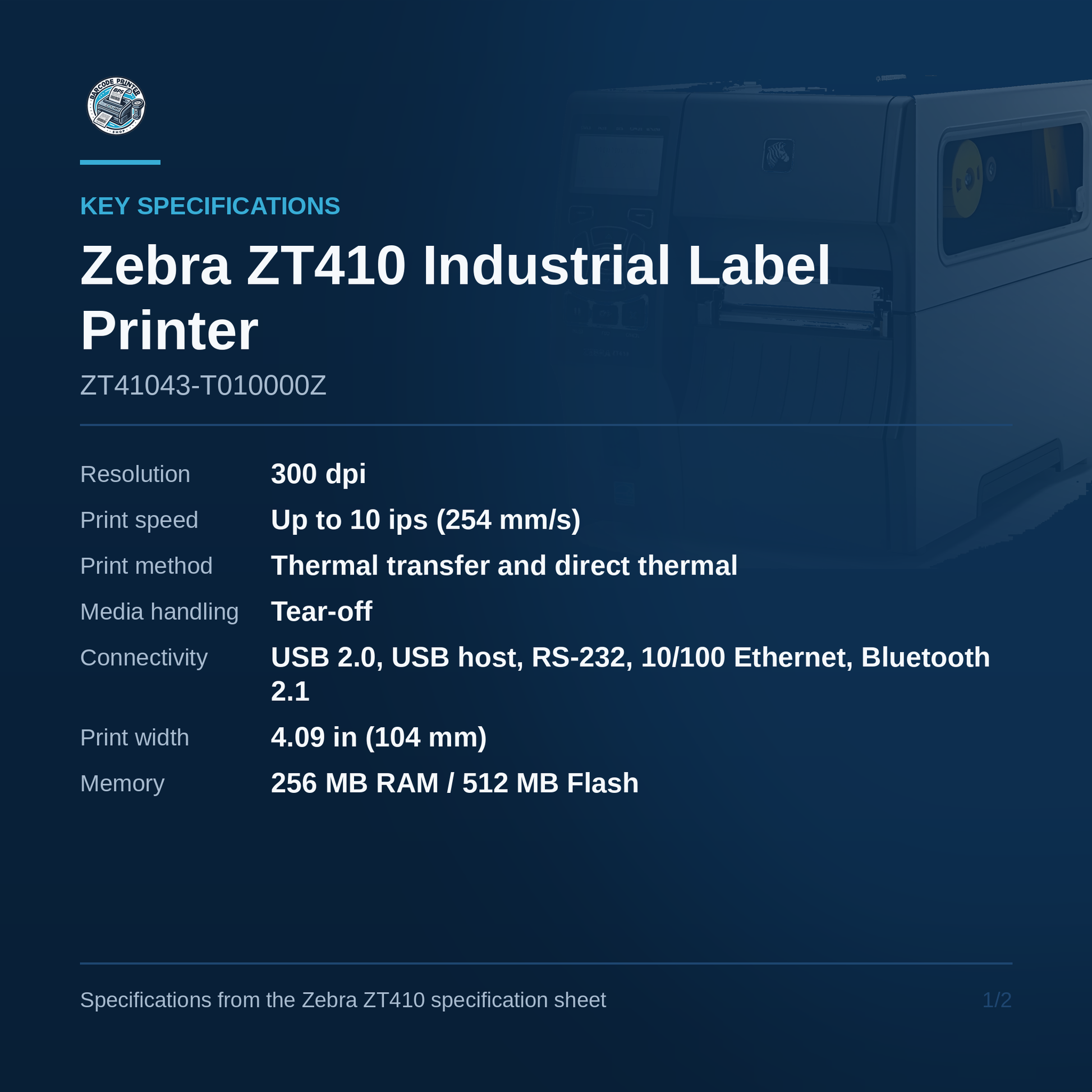 Zebra ZT410 Industrial 300 DPI Thermal Transfer Barcode Label Printer ZT41043-T010000Z Barcode Printer Shop
