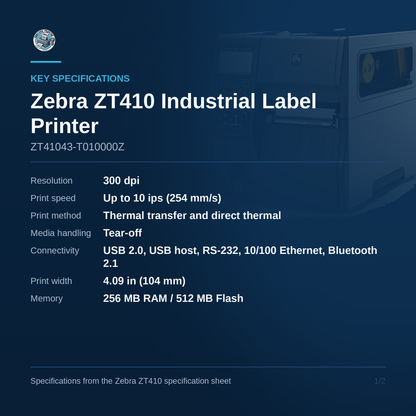 Zebra ZT410 Industrial 300 DPI Thermal Transfer Barcode Label Printer ZT41043-T010000Z Barcode Printer Shop
