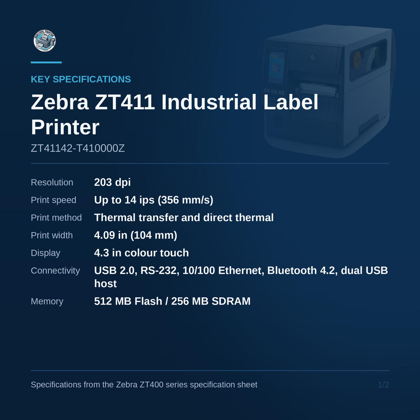 Zebra ZT411 Industrial Label Printer 203 DPI Thermal Transfer Peel Rewind Touch Display ZT41142-T410000Z Barcode Printer Shop