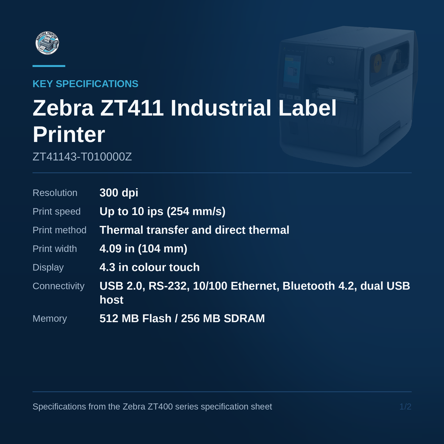 Zebra ZT411 Industrial Label Printer 300 DPI Thermal Transfer Tear-Off Touch Display ZT41143-T010000Z Barcode Printer Shop