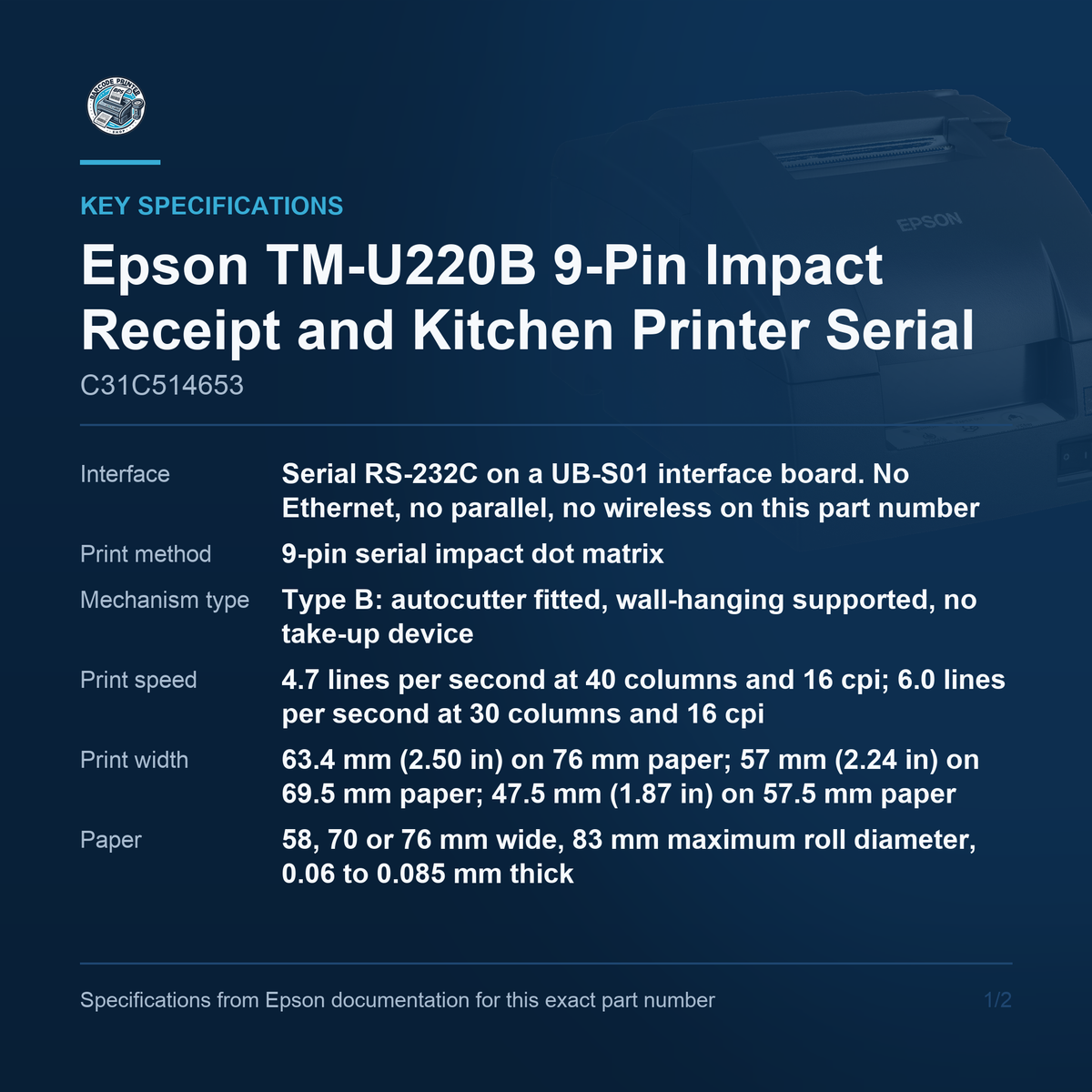 Epson TM-U220B 9-Pin Impact Receipt and Kitchen Printer Serial RS-232C Autocutter Dark Gray with Power Supply C31C514653 Barcode Printer Shop