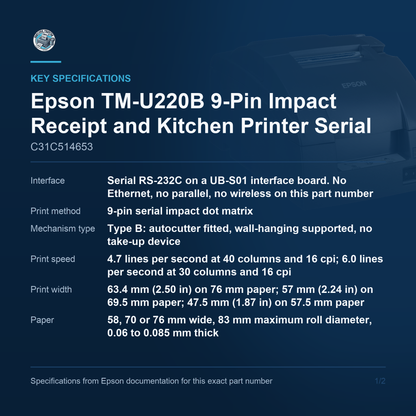 Epson TM-U220B 9-Pin Impact Receipt and Kitchen Printer Serial RS-232C Autocutter Dark Gray with Power Supply C31C514653 Barcode Printer Shop