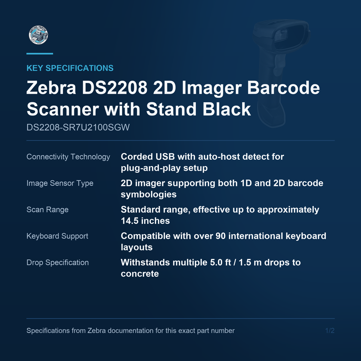 Zebra DS2208 Corded 1D/2D Imager Scanner Twilight Black USB Kit with Gooseneck Stand DS2208-SR7U2100SGW Barcode Printer Shop