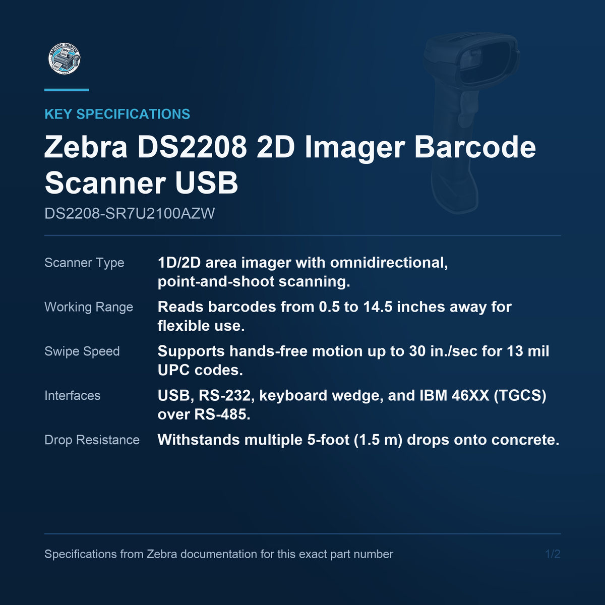 Zebra DS2208 2D Imager Barcode Scanner USB DS2208-SR7U2100AZW Barcode Printer Shop