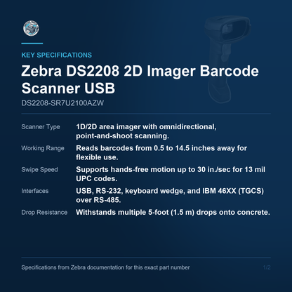Zebra DS2208 2D Imager Barcode Scanner USB DS2208-SR7U2100AZW Barcode Printer Shop