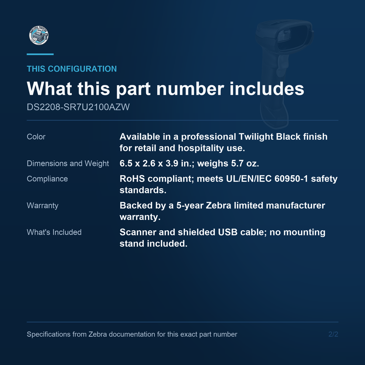 Zebra DS2208 2D Imager Barcode Scanner USB DS2208-SR7U2100AZW Barcode Printer Shop
