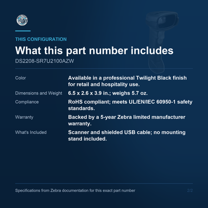 Zebra DS2208 2D Imager Barcode Scanner USB DS2208-SR7U2100AZW Barcode Printer Shop
